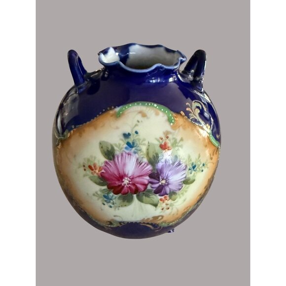 Antique Hand-Painted Cobalt Porcelain Floral Piedestal Vase Blue Florals & Gold - Picture 11 of 12